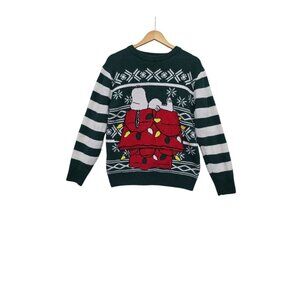 Peanuts Snoopy Christmas Sweater Men Large Pocket Snowflake Green Knitted